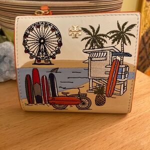 Tory Burch Embroidered West Coast Mini Leather Wallet Beach Scene GUC Rare